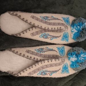 Embroidered Wool Slippers with Blue Accents from Greece